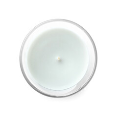 Glass holder with candle on white background