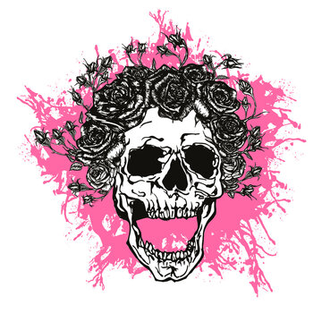 Vector illustration of black and white screaming skull with crown of roses and buds on splatter pink blot, isolated on white background.