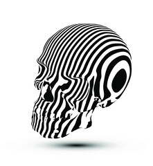 Vector illustration of human skull in black and white stripes isolated on white background.