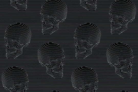 Vector seamless pattern illustration of white continuous horizontal line skulls on black background. 