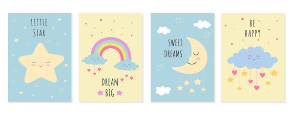 Set of cute posters with sleepy moon and star, smiling clouds. Template for baby shower, greeting card, nursery poster, print. 