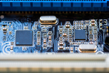 PC Motherboard with Chips, Transistors and Microprocessors