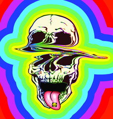 LSD psychedelic skull. Vector illustration of glitched skull on acid on trippy psychedelic and bright colorful ring outline background.