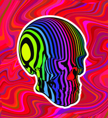 Vector illustration of psychedelic skull with colorful vertical slice stripes isolated on psychedelic red hues background.
