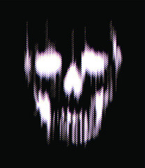 Vector dot halftone vertical motion blur smear scary skull on black background.