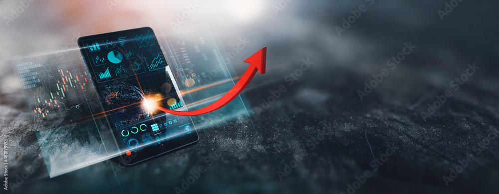 Aufkleber Increasing red arrow graph with business data report with growth profit and virtual interface in digital tablet computer.Business growing,Digital marketing technology and global Successful business,