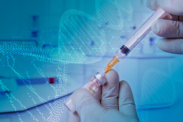 gloved hands manipulating a syringe with medications on blue background with futuristic diagram ed hexagons and dna chain