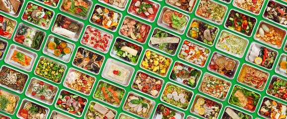 Collage Of Take Away Foil Lunch Boxes With Healthy Meals