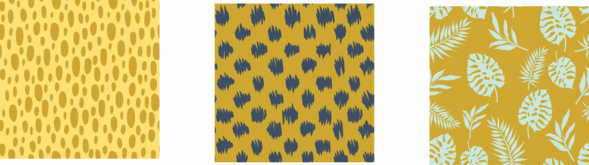 Set of hand drawn modern patterns with tropic leaves, spots, bubbles. Trendy vector seamless pattern. Minimalistic  concept. Perfect print for fabric, textile, wallpaper