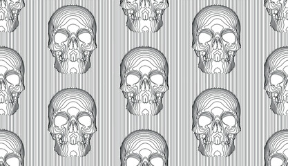 Vector seamless pattern illustration of black line front view skulls on white background. 