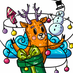 Colorful illustration with deer, snowman, gift, fireworks and garland in doodle style.hand drawn vector illustration. For children's art, clothing design, wrapping paper, wallpaper, textiles.