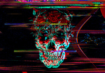 Glitch art colorful distorted illustration of red roses growing from a skull head in vintage damaged signal of TV screens and VHS tapes style design.