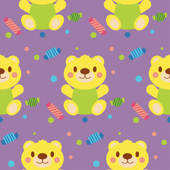 Baby seamless vector pattern. Cute, colored cartoon bears on purple background. Kids pictures for fabric, textile, clothing, wrapping paper, wallpaper. Vector illustration in trendy colors.