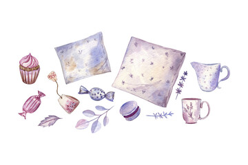 Watercolor illustrations set in lavender colors: soft pillows, sweet candies, cup of tea, milk, cupcake, teabag and lavender flowers. Cute collection for stickers, scrapbooking. Isolated on white. 