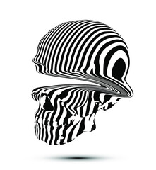 Vector illustration of glitch deformed skull in black and white stripes isolated on white background.