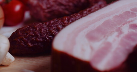 Close up of Bacon, Ham and Sasuage Rotating on Plate. - obrazy, fototapety, plakaty