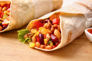 Delicious burritos on table, closeup
