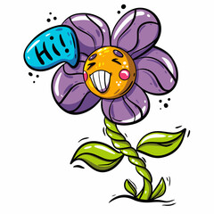 Smiling flower.  Trendy vector illustration in doodle style. Perfect for t shirt design, posters, stickers, banners, cards. 