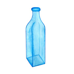 isolated watercolor drawing of a blue glass flower vase on a white background
