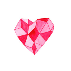 Red pink watercolor heart. Illustration isolated on white background hand drawn.