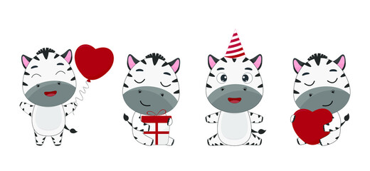 Cute little zebra cubs. Set of cartoon zebra on a white background. Elements for design or print. Vector illustration.