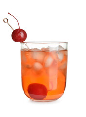 Glass of tasty Manhattan cocktail with cherry and ice on white background
