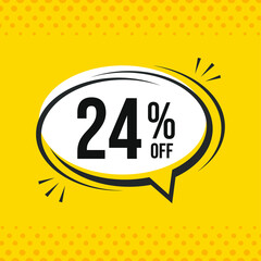 24% off. Discount vector emblem for sales, labels, promotions, offers, stickers, banners, tags and web stickers. New offer. Discount emblem in black and white colors on yellow background.