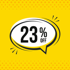 23% off. Discount vector emblem for sales, labels, promotions, offers, stickers, banners, tags and web stickers. New offer. Discount emblem in black and white colors on yellow background.