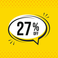 27% off. Discount vector emblem for sales, labels, promotions, offers, stickers, banners, tags and web stickers. New offer. Discount emblem in black and white colors on yellow background.
