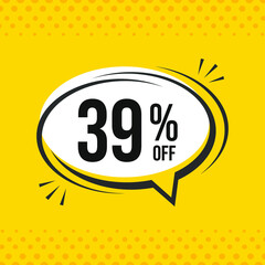 39% off. Discount vector emblem for sales, labels, promotions, offers, stickers, banners, tags and web stickers. New offer. Discount emblem in black and white colors on yellow background.
