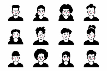 Heads and necks of boys and girls.  Young men and women. Black and white People avatars. Hand drawn set of Vector Icons. Cartoon style, flat design.