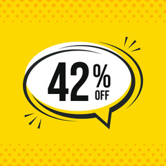 42% off. Discount vector emblem for sales, labels, promotions, offers, stickers, banners, tags and web stickers. New offer. Discount emblem in black and white colors on yellow background.