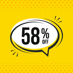 58% off. Discount vector emblem for sales, labels, promotions, offers, stickers, banners, tags and web stickers. New offer. Discount emblem in black and white colors on yellow background.