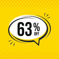 63% off. Discount vector emblem for sales, labels, promotions, offers, stickers, banners, tags and web stickers. New offer. Discount emblem in black and white colors on yellow background.