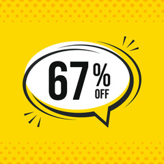 67% off. Discount vector emblem for sales, labels, promotions, offers, stickers, banners, tags and web stickers. New offer. Discount emblem in black and white colors on yellow background.