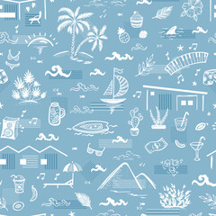 Summer Vacation Theme Vector Blue White Seamless Pattern. California Architecture, Nature. Holiday homes, sea, sailboat, surfing, waves, beach, palm trees, hills, plants, food, drinks, leisure items © AllNikArt