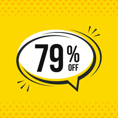 79% off. Discount vector emblem for sales, labels, promotions, offers, stickers, banners, tags and web stickers. New offer. Discount emblem in black and white colors on yellow background.