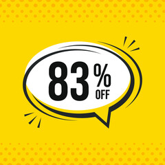 83% off. Discount vector emblem for sales, labels, promotions, offers, stickers, banners, tags and web stickers. New offer. Discount emblem in black and white colors on yellow background.