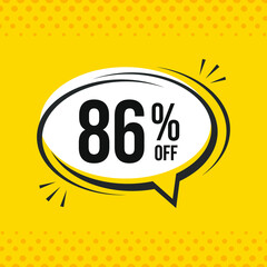 86% off. Discount vector emblem for sales, labels, promotions, offers, stickers, banners, tags and web stickers. New offer. Discount emblem in black and white colors on yellow background.