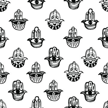 Seamless pattern with hamsa hand. Vector illustration in black color in the style of hand drow.