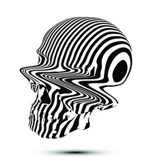 Vector illustration of glitch deformed skull in black and white stripes isolated on white background.