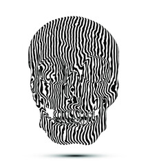 Abstract vector black and white illustration of frontal view continuous line skull isolated on background.