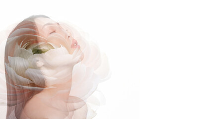 Double exposure made with a young Asian woman with healthy skin and a spring ranunculus flower. On...