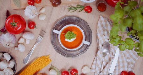 Fresh Food Ingredients On Wooden Table In Kitchen - obrazy, fototapety, plakaty