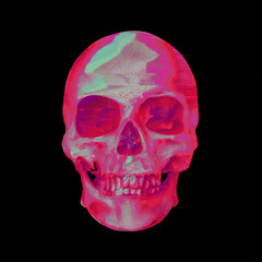 Glitch Skull. Pixel sorting glitch art corrupted graphics of colorful psychedelic front side skull from 3D rendering isolated on black background.