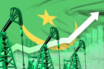 rising up chart on Mauritania flag background - industrial illustration of Mauritania oil industry or market concept. 3D Illustration
