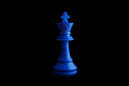 European Union flags paint over on chess king. 3D illustration.
