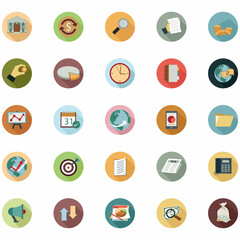 Modern flat icon vector illustration design with long shadow style elements of financial services, business management symbol, banking and money objects. Isolated on white background.