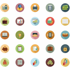 Modern flat icon vector illustration design with long shadow style elements of financial services, business management symbol, banking and money objects. Isolated on white background.