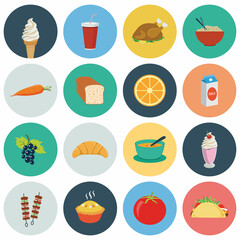 Online supermarket foods flat icons set of meat fish fruits and vegetables isolated illustration